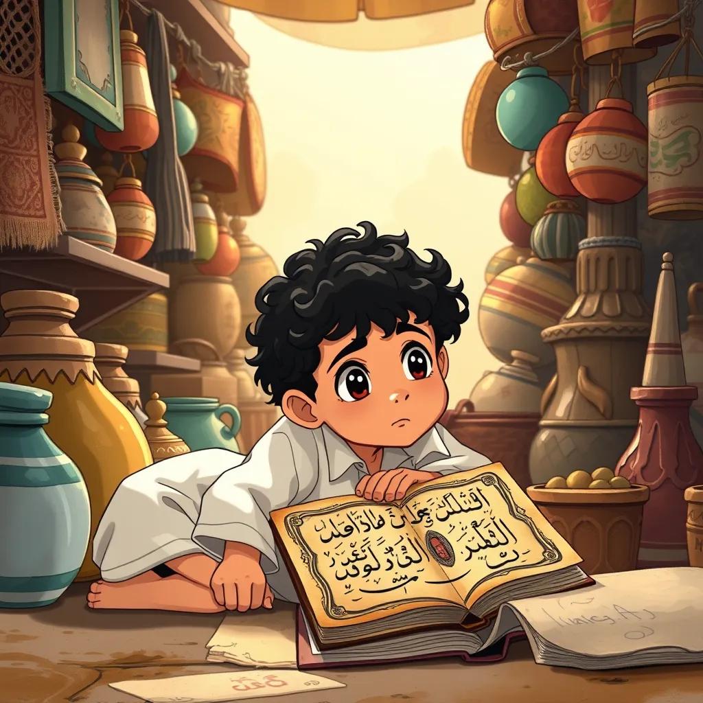 Sami, a young boy with curly black hair wearing a simple white shirt, kneeling beside an old, dusty book with Arabic calligraphy, surrounded by traditional market items, with curious expressions on his face, illustration, warm, inviting