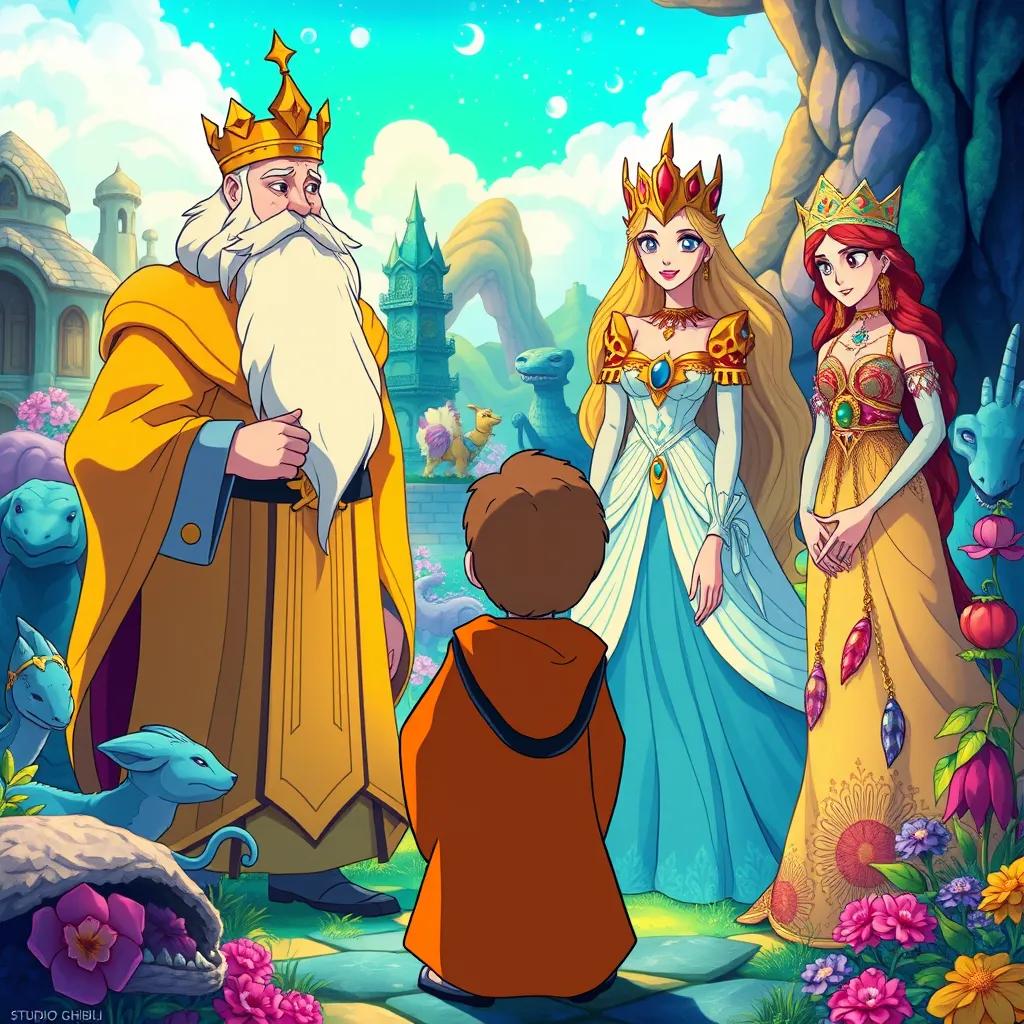 Sami, standing in a magical world, meeting a wise King with a long beard in a golden robe and a beautiful Queen in a flowing gown decorated with jewels, in a mystical, colorful landscape full of mythical creatures, enchanted atmosphere, fantasy art