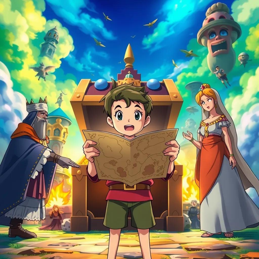 Sami, a young boy, confidently holding a map with the King and Queen beside him, facing a large treasure chest surrounded by challenges, the scene bursting with vibrant colors, symbolizing adventure and teamwork, uplifting and thrilling