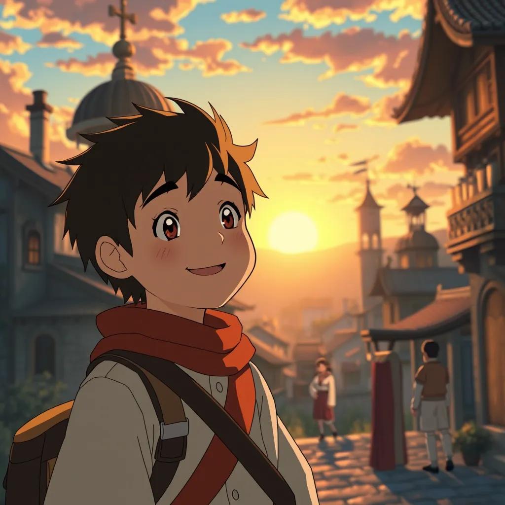 Sami, a young boy, returning to his historical city at sunset, filled with new wisdom and a warm smile, his home lit with soft light and welcoming, surrounded by familiar faces, heartwarming and serene