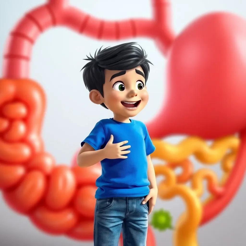 A young Arab boy, Sami, with short black hair wearing a blue t-shirt and jeans, excitedly talking to his friend in a colorful cartoon-style background of the digestive system, featuring a large stomach and intestines, vivid colors, cheerful atmosphere, playful style, high quality