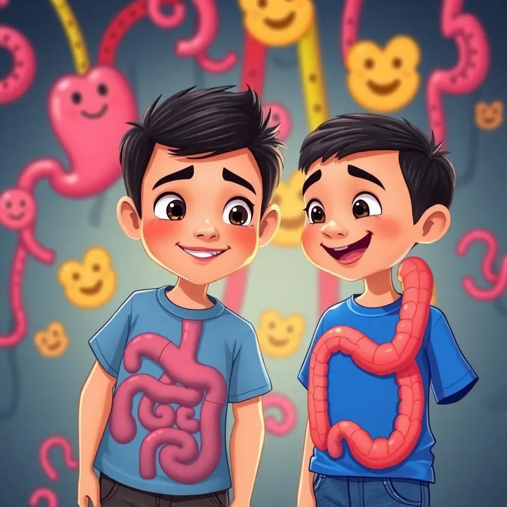 A young Arab boy, Sami, with short black hair, and his friend, a young Arab boy, Hussam, in a blue t-shirt and jeans, interacting with friendly cartoon intestines that are smiling, colorful and whimsical, giving an informative vibe, bright color palette, engaging perspective, high detail