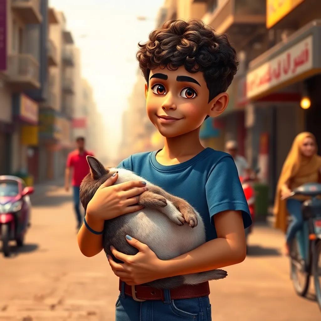 A young Arab boy, Sami, with short curly hair, wearing a blue t-shirt and jeans, holding a sick animal gently in his arms on a busy street, digital art, warm colors, inviting atmosphere, high quality