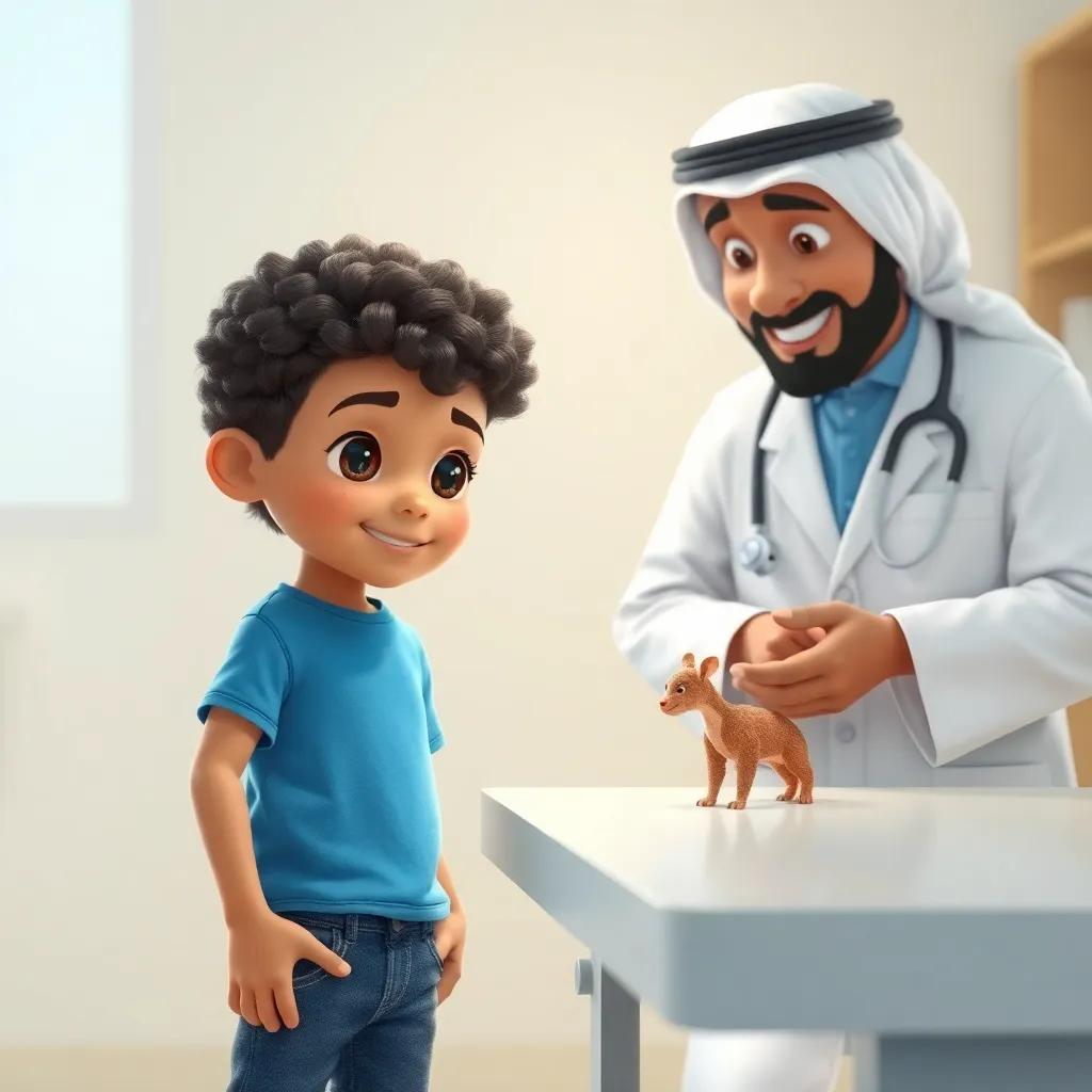 A young Arab boy, Sami, with short curly hair, in a blue t-shirt and jeans, standing next to a kind Arab doctor in a white coat, looking at a small sick animal on a table, light and bright colors, cheerful, professional environment, high quality