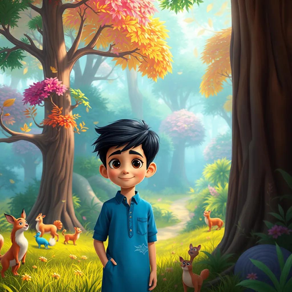 Sami, a young Arab boy with short black hair in a blue shirt, and Leila, a young Arab girl with long dark hair in a colorful dress, standing at the edge of a magical forest filled with colorful trees, curious animals, and soft sunlight filtering through the leaves, ready for an adventure, digital painting, vibrant colors, exciting atmosphere, high quality