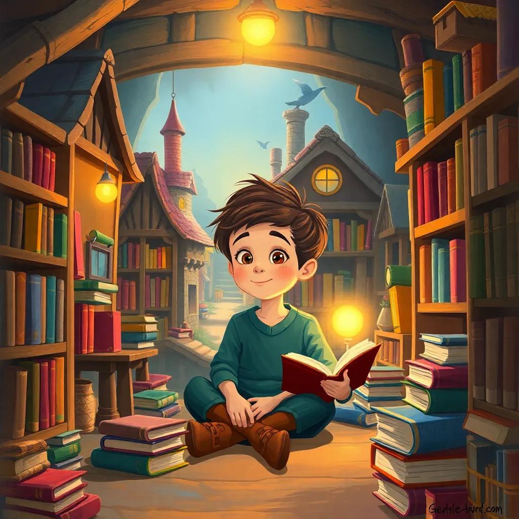 A small village with a boy named Sami, sitting in a cozy library surrounded by books, a warm light glowing, a colorful atmosphere, children-friendly, digital art