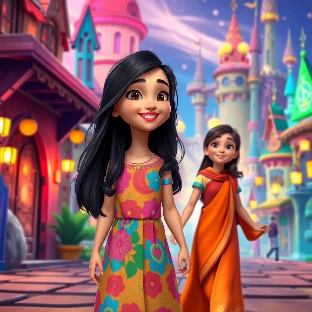 A young girl, Salma, with long, dark hair and wearing a colorful dress, walking into a magical city with her sister, vibrant colors, fantasy setting, joyful atmosphere, cheerful expressions, high quality