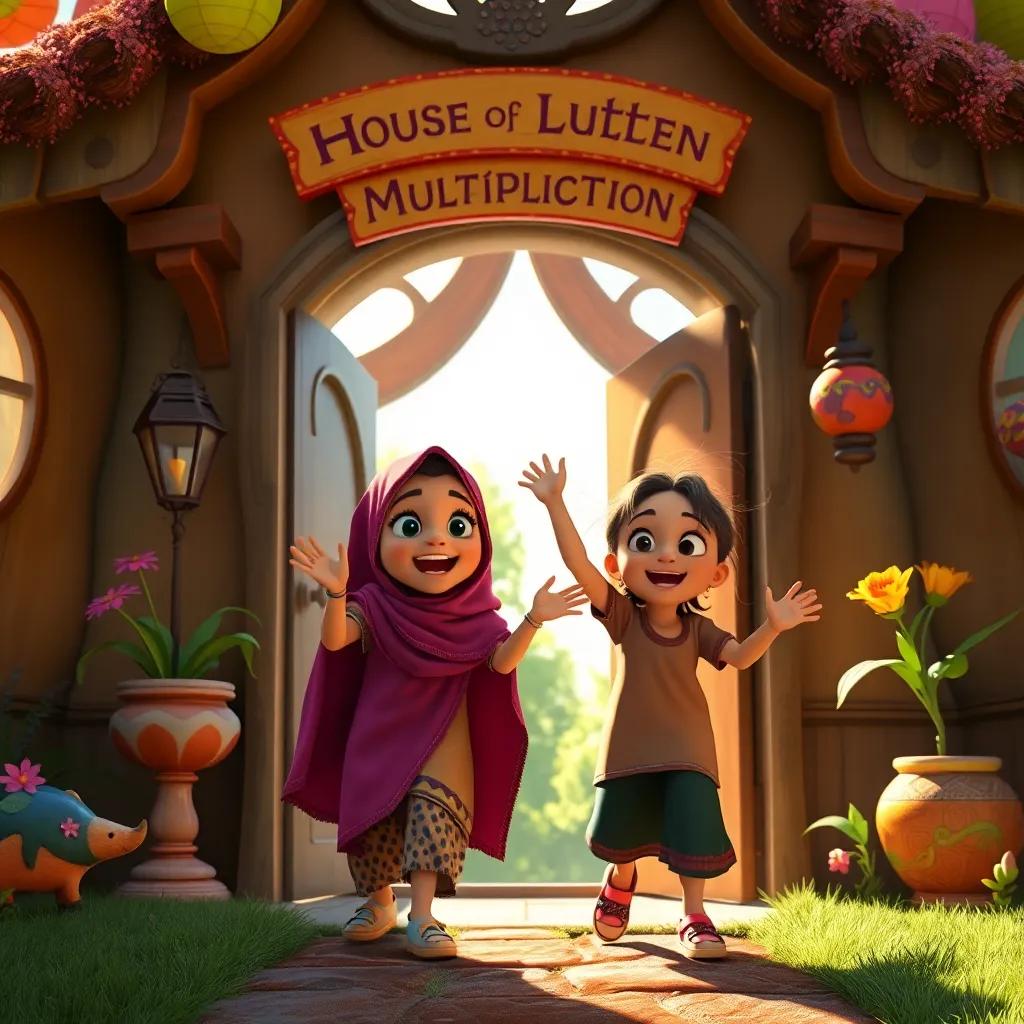 Salma and her sister, excited and curious, entering a whimsical house labeled 'House of Multiplication', colorful decorations, inviting entrance, bright sunlight, fantasy art, captivating and engaging scene, high detail