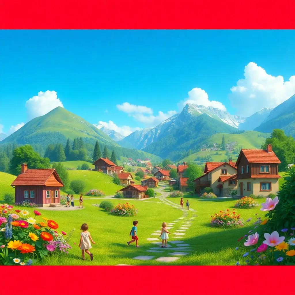 A picturesque village in the middle of a green valley, children playing, colorful flowers blooming, bright blue sky, digital art, cheerful and vibrant atmosphere, high quality