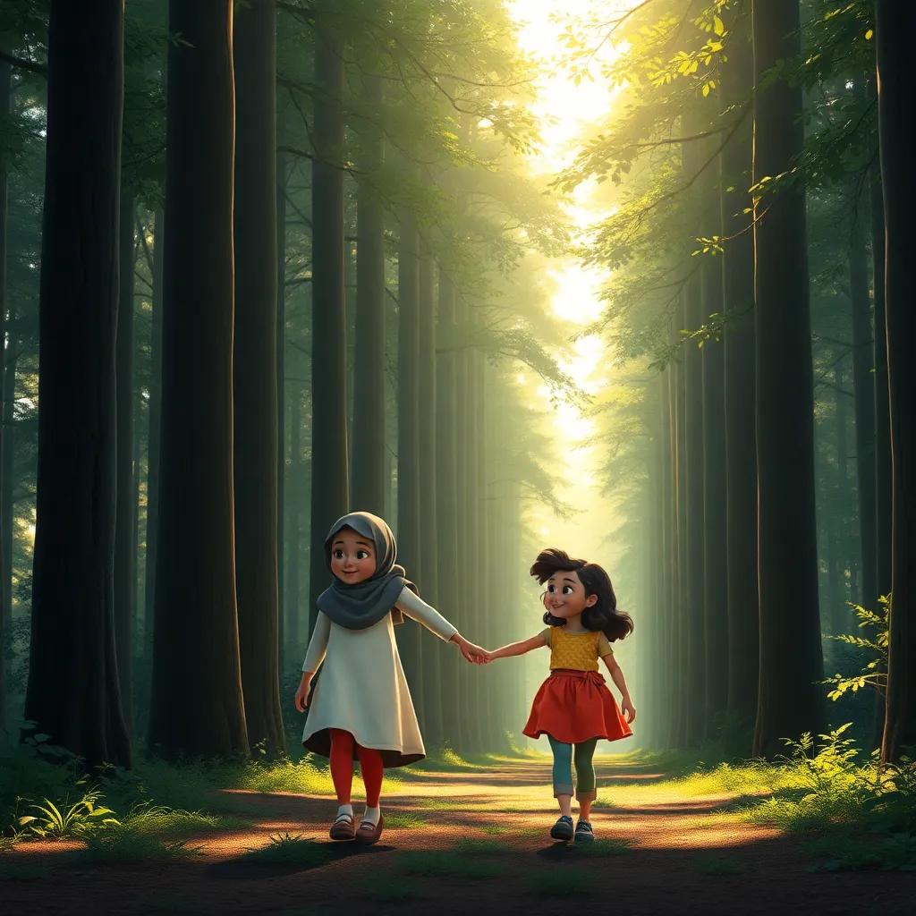 Salma and Leila, two young girls, holding hands, walking through a dense forest with tall trees, sunlight filtering through the leaves, happy expressions, digital art, warm light, inviting scene