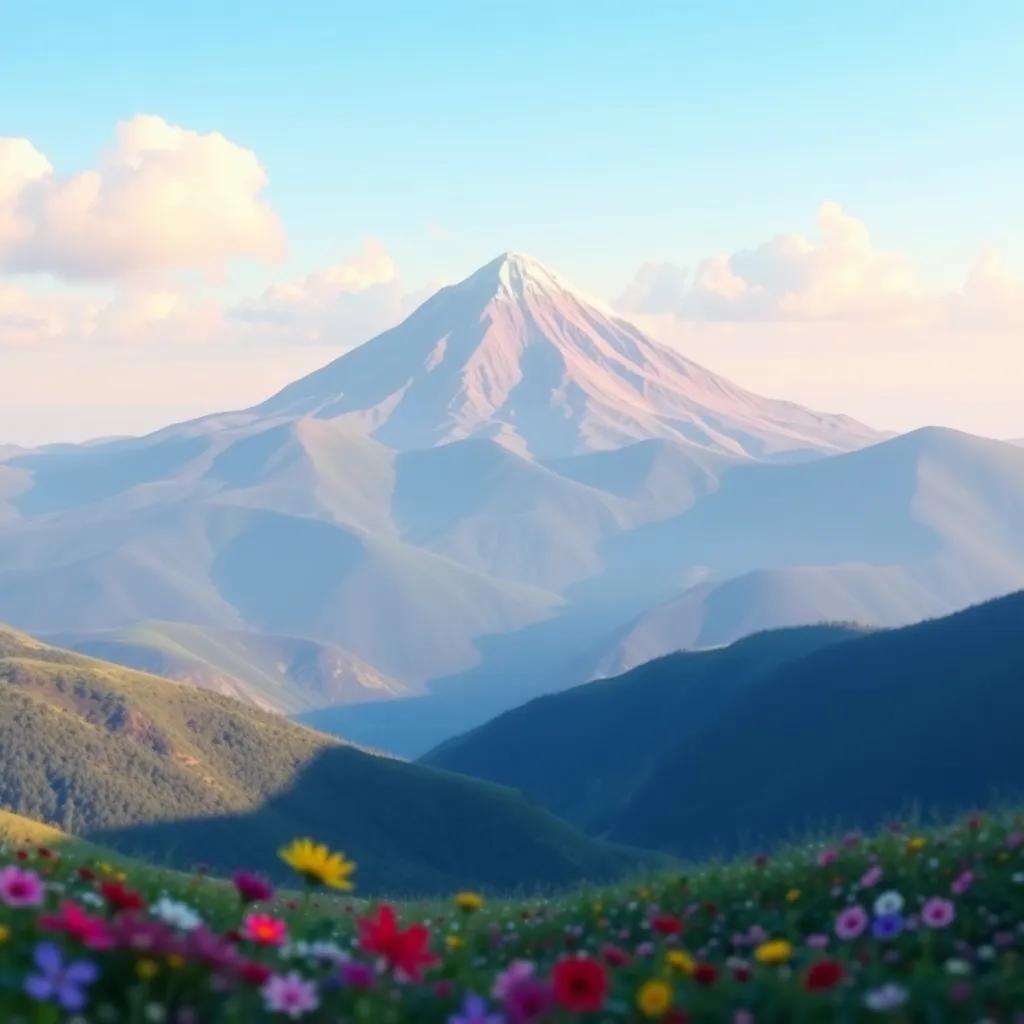 A serene and beautiful mountain in the distance, with gentle slopes and colorful flowers, a clear blue sky above, digital art, peaceful scenery, vibrant colors
