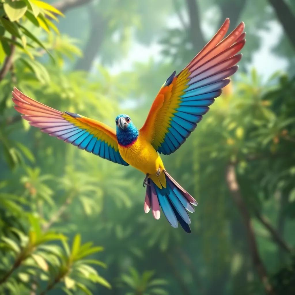 A colorful bird in flight, talking to Salma and Leila, surrounded by lush greenery of the forest, digital art, lively and cheerful, high quality