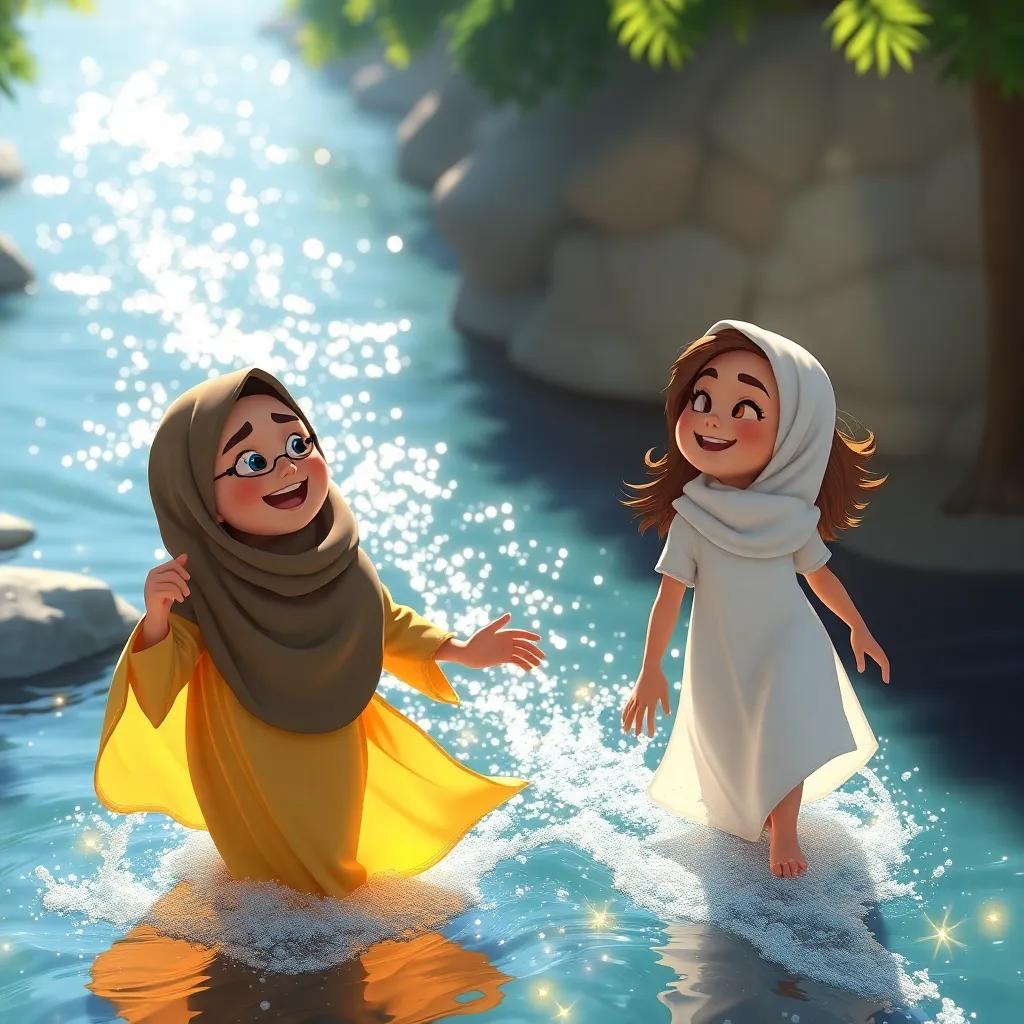 Salma and Leila following a sparkling river, filled with playful reflections from the sun, singing together, joyful expressions, digital art, bright colors, playful atmosphere