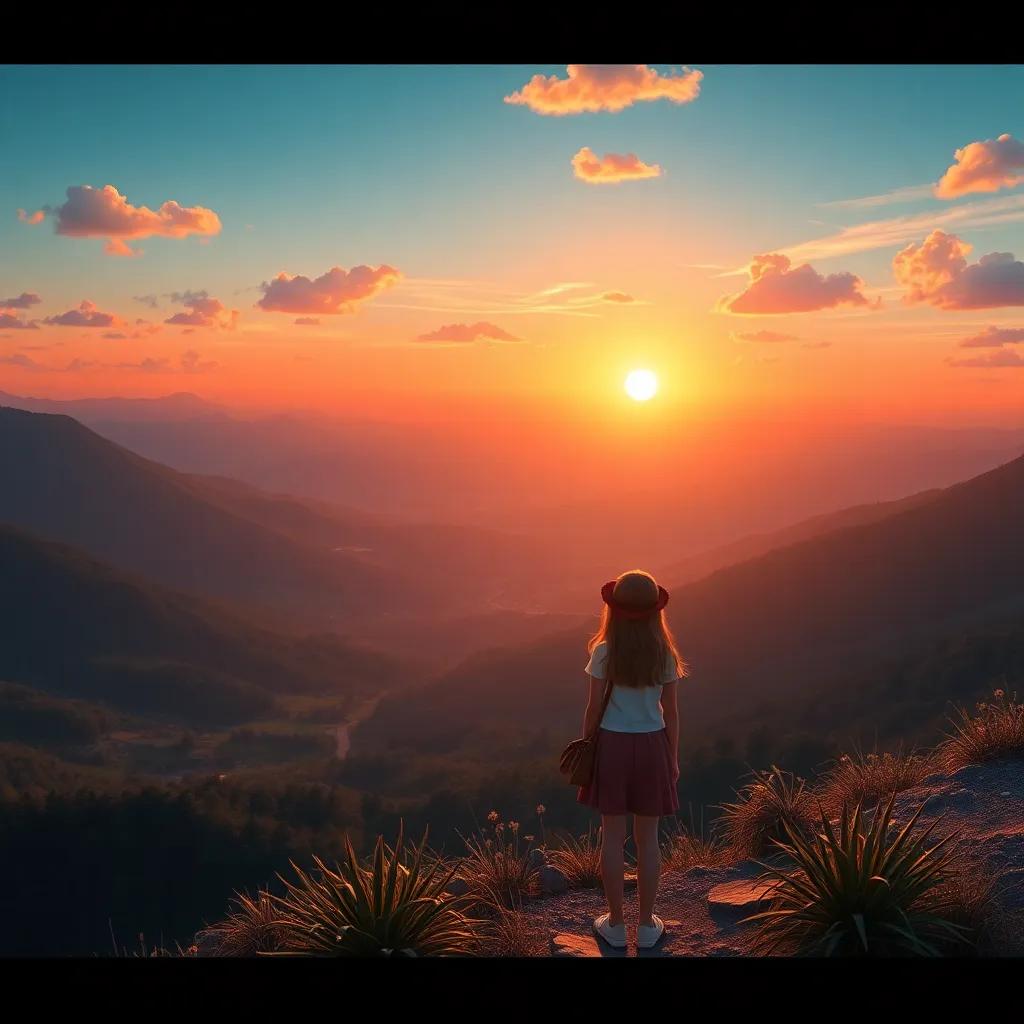 A magical view of the valley from the mountain top, with the setting sun casting warm colors, the girls looking at the horizon with hope, digital art, breathtaking scenery