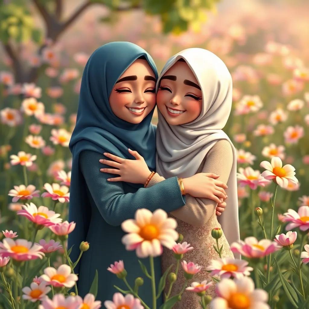 Salma and Leila embracing each other, surrounded by a field of blooming flowers, smiles on their faces, conveying love and safety, digital art, heartwarming, high quality
