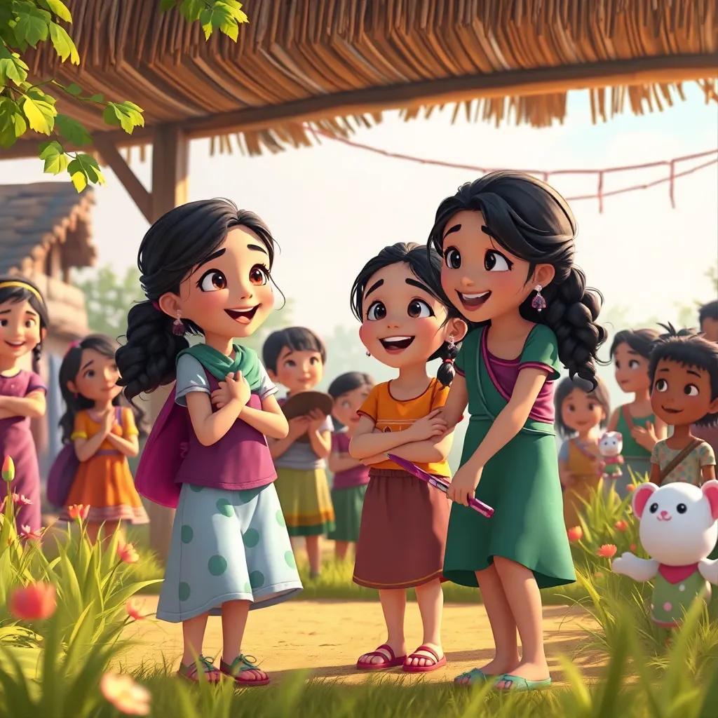 A heartwarming scene of the girls back in their village, with friends and family welcoming them, joy and happiness in the air, digital art, colorful imagery