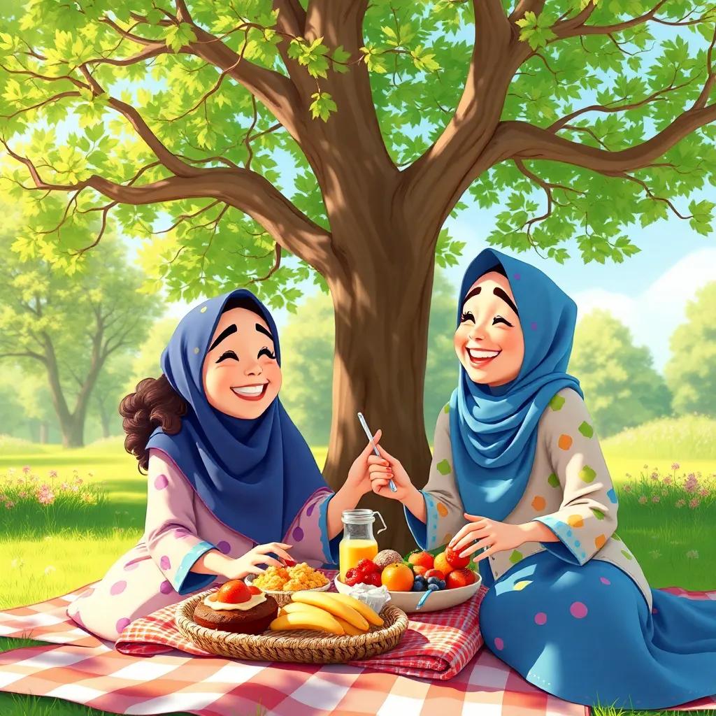 Salma and Leila enjoying a picnic together, laughing and sharing food under the tree, a beautiful sunny day, digital art, cheerful and vibrant