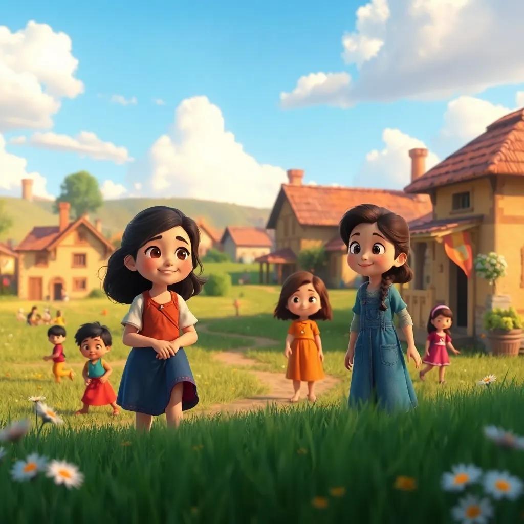 A final scene showing a peaceful village with children playing, and the girls looking confident and happy, surrounded by love, digital art, warm colors, uplifting imagery