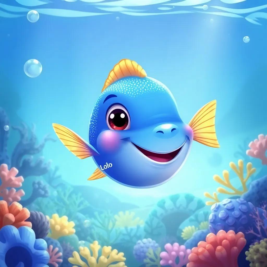 A blue fish, Lolo, with shimmering scales, swimming happily in a clear ocean surrounded by colorful coral reefs, digital art, bright colors, cheerful atmosphere, high quality