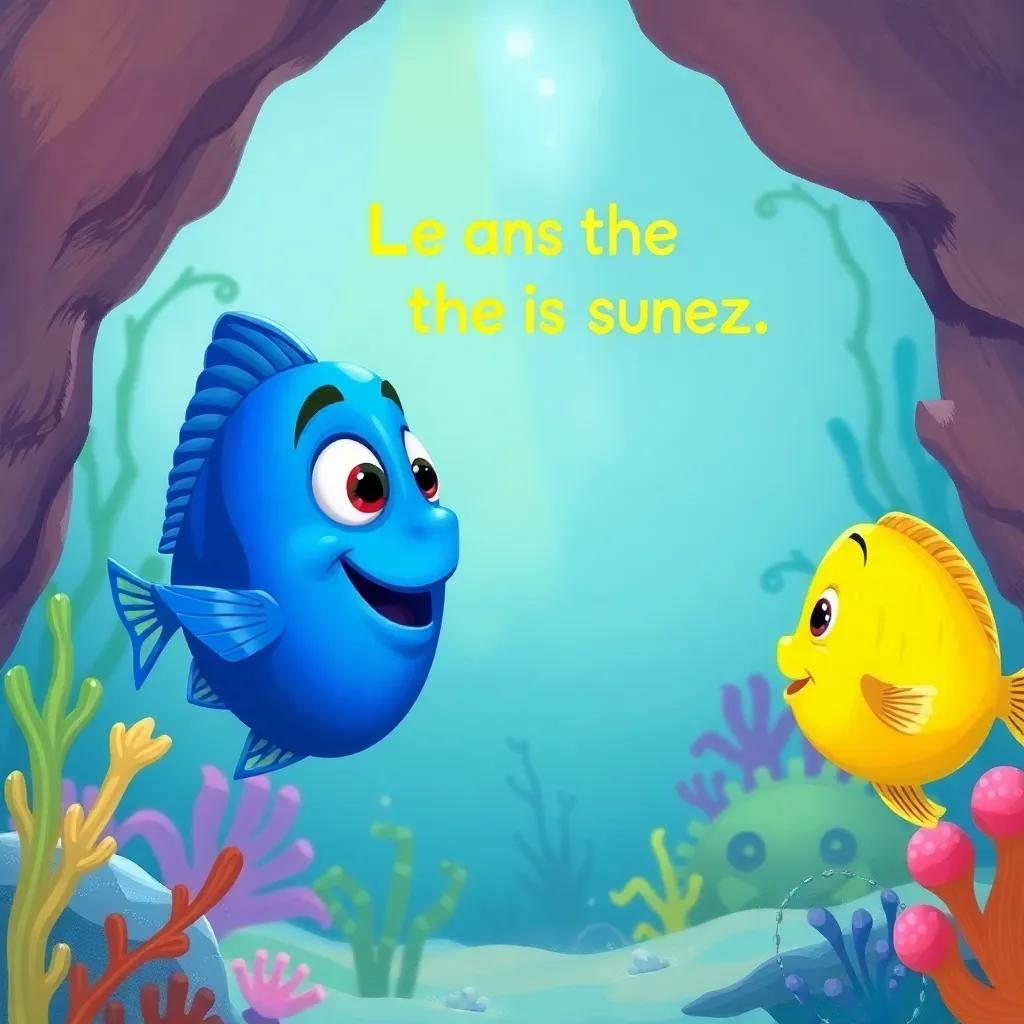 Lolo, the blue fish, gathering with her friends, a yellow fish, Suzy, in a lively underwater scene, discussing cleaning the ocean, digital painting, vibrant colors, engaging perspective, fantasy