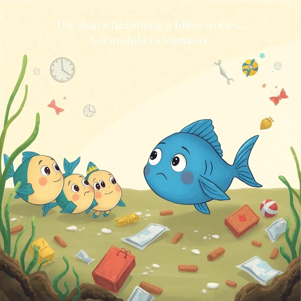 Lolo, the blue fish, looking puzzled with her friends in a polluted area with trash floating, emphasizing the importance of teamwork, illustration, serious mood, high quality