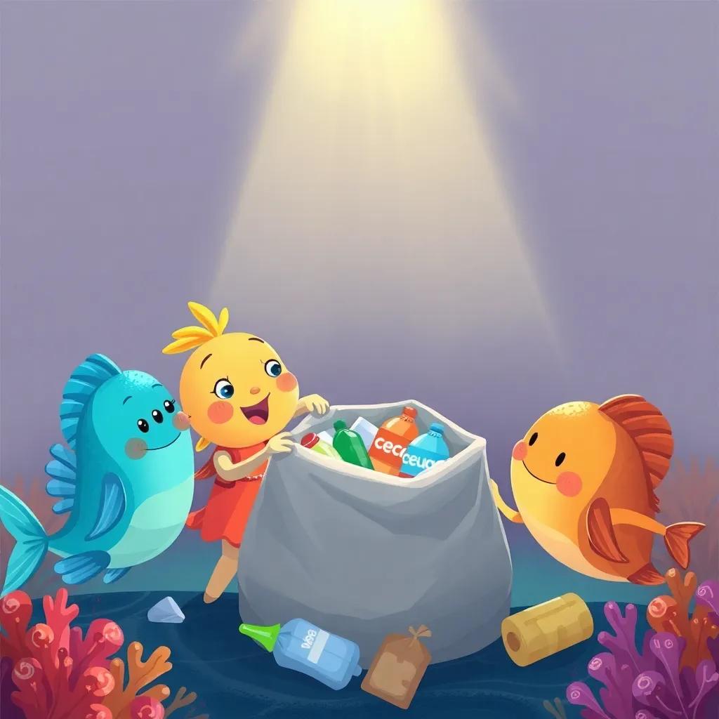 Lolo and her fish friends gathering garbage into a big bag, with a light illuminating from above, working together to clean the ocean, digital art, bright colors, cooperative atmosphere, child-friendly