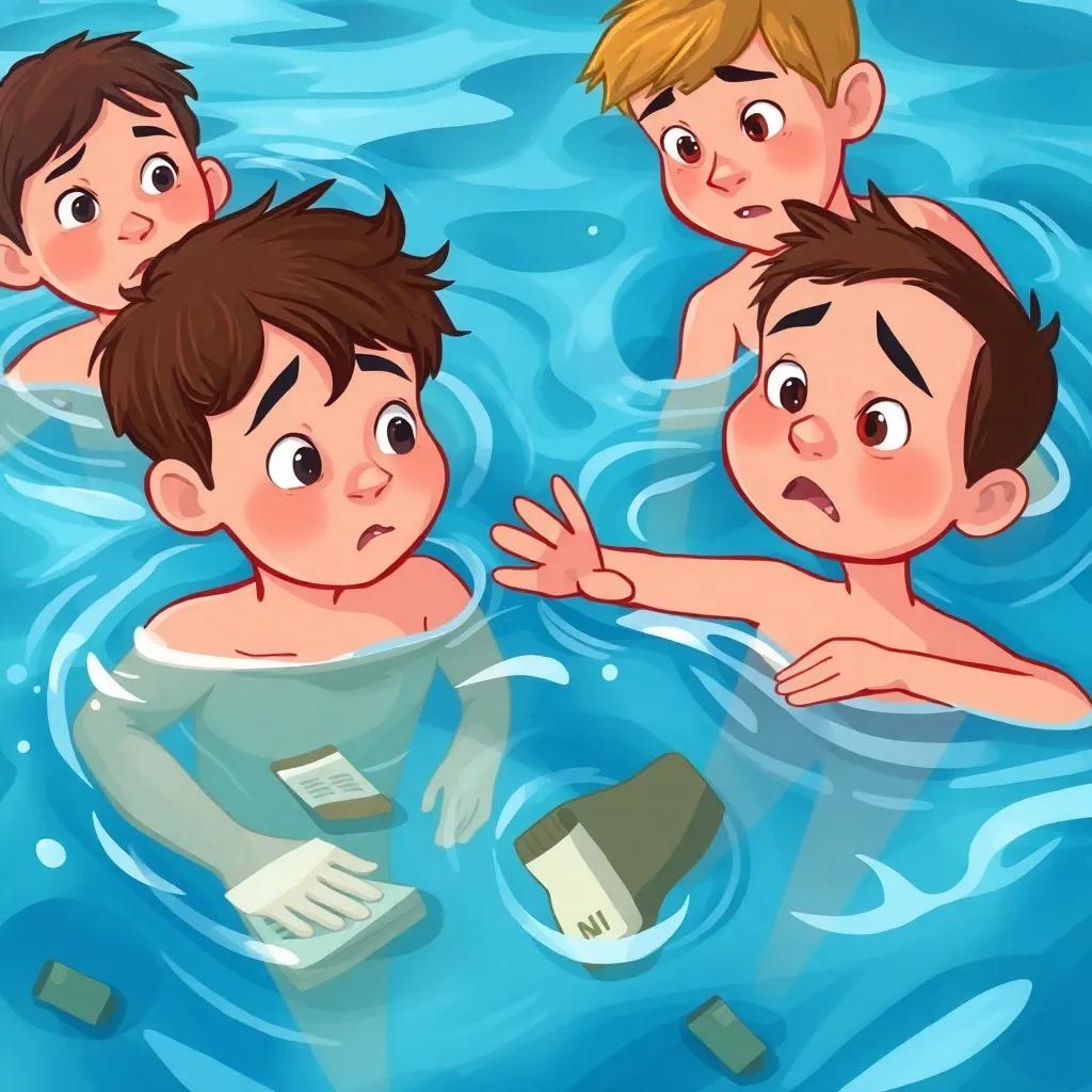 People swimming and noticing the pollution in the ocean, expressions of concern while looking at trash, digital art, realistic style, emotional view, impactful imagery