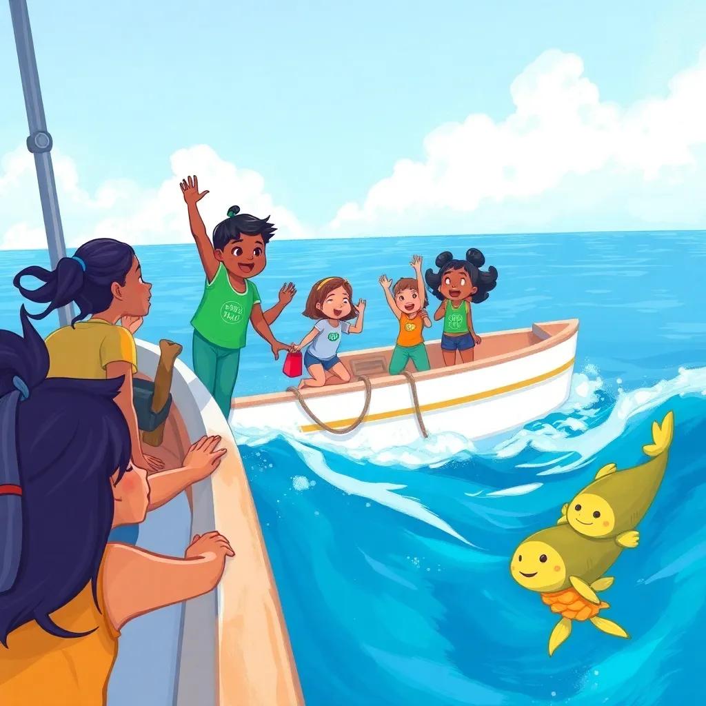 A group of volunteers on a boat cleaning the ocean, with Lolo and her friends swimming nearby, feeling excited and relieved, digital painting, bright colors, uplifting perspective, engaging scene