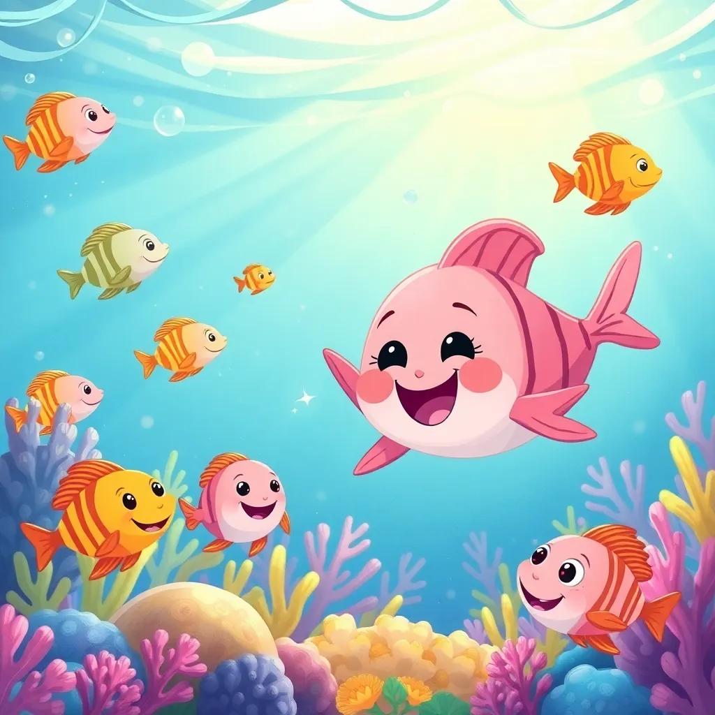 Lolo and her fish friends joyfully swimming in the sparkling ocean after the cleanup, with colorful fish playing around, vibrant underwater scene, cheerful light, high quality