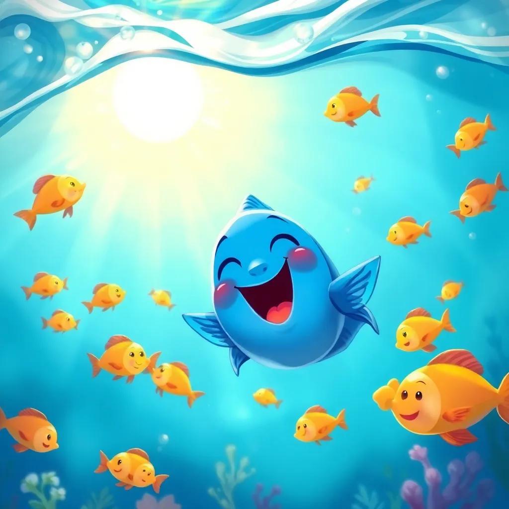 Lolo, a blue fish, singing joyfully under the clear water, with the sun shining through the waves, all the fish around her celebrating, digital painting, bright vivid colors, warm atmosphere, child-friendly
