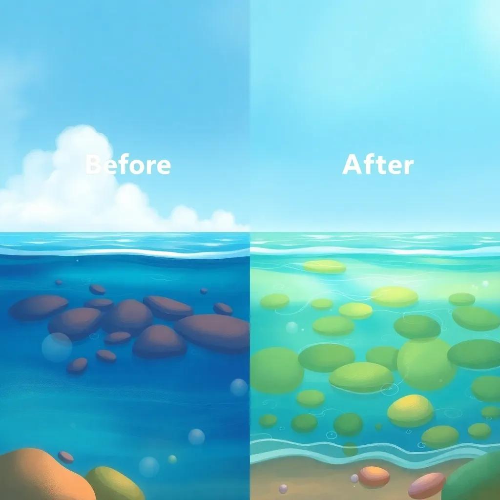 A serene ocean scene showing the before and after of the cleanup, with a beautiful clear ocean after pollution was removed, digital art, calming colors, hope-filled imaginative view, vibrant details