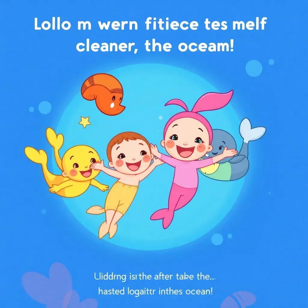 Lolo and her friends swimming together happily after cleaning the ocean, with cheerful smiles, a clear ocean in the background, animated illustration, colorful, joyous atmosphere, engaging style