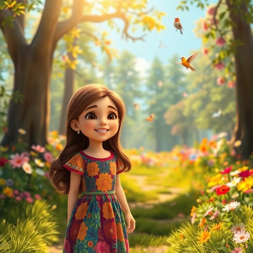 A bright sunny morning, a young Arab girl, سناء, with long brown hair wearing a colorful dress, excitedly walking towards a beautiful forest filled with vibrant flowers and singing birds, digital art, cheerful, warm light, colorful, inviting atmosphere, close-up view, high quality