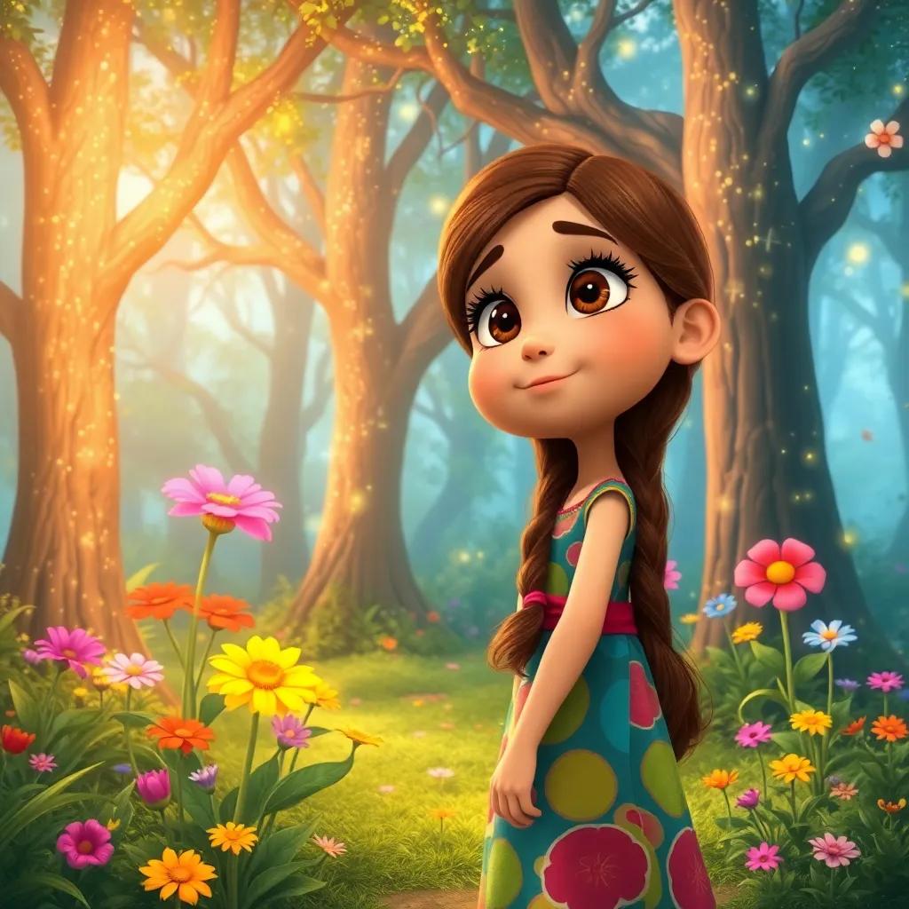 A magical forest with sparkling trees and colorful talking flowers, سناء, a young Arab girl with long brown hair in a colorful dress, standing in awe, digital illustration, vibrant colors, whimsical atmosphere, fantasy theme, close-up view, high quality