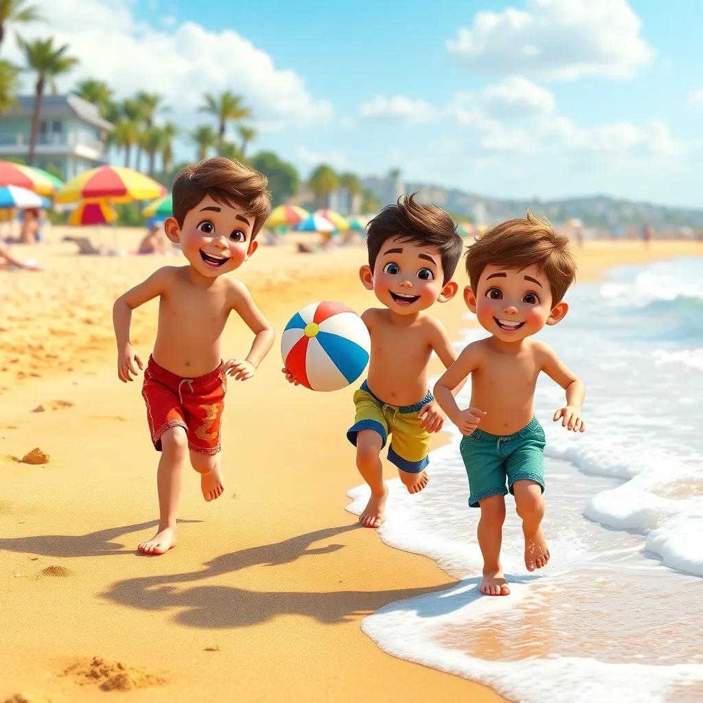 A sunny beach with golden sand and waves, three boys playing happily, one holding a beach ball, colorful beach umbrellas in the background, cheerful atmosphere, digital art, vibrant colors, lively scene, high quality
