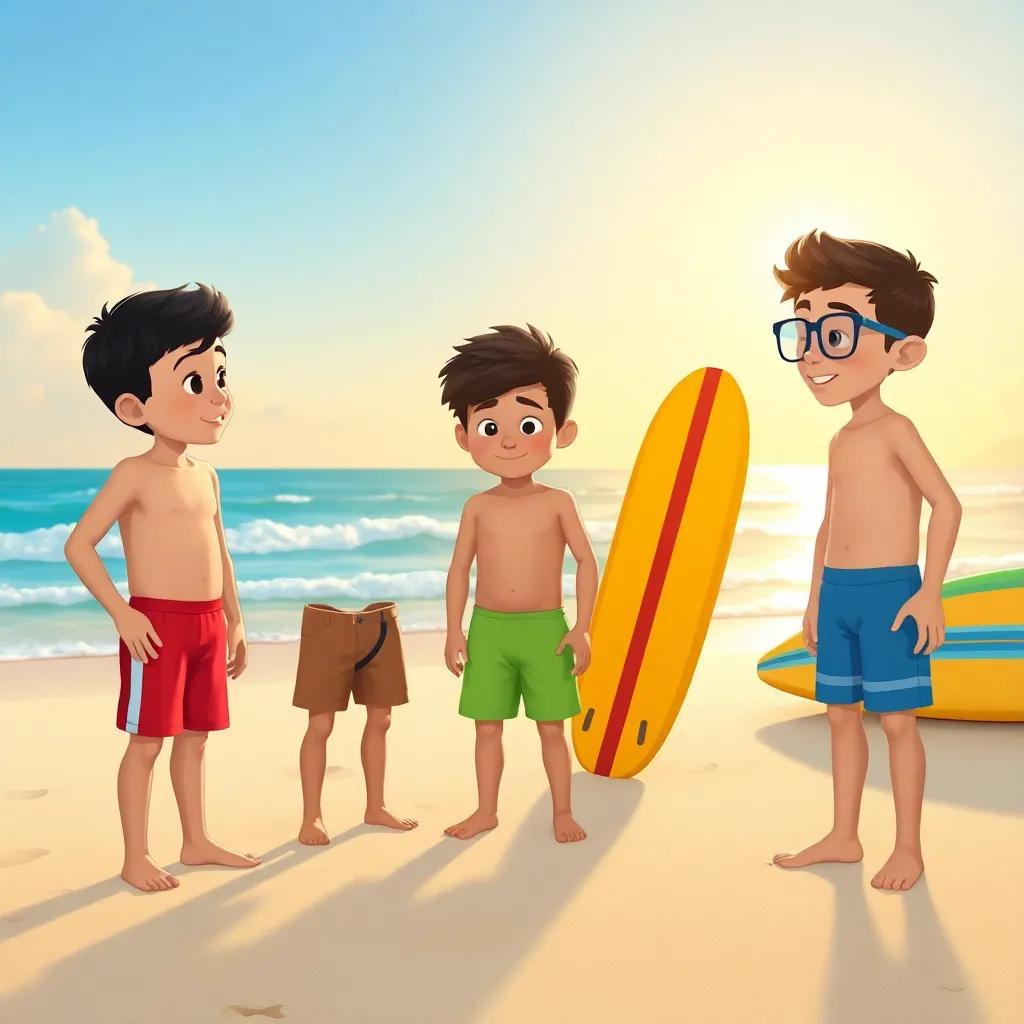 Three boys at the beach: Sinan, a young Arab boy with short black hair wearing red swim trunks; Amer, a young Arab boy with curly hair in green swim shorts; Muhammad, a young Arab boy with glasses in blue swim trunks, discussing swimming safety while standing on the sand, colorful surfboards nearby, playful background, illustration, warm sunlight, engaging atmosphere, child-friendly, high quality