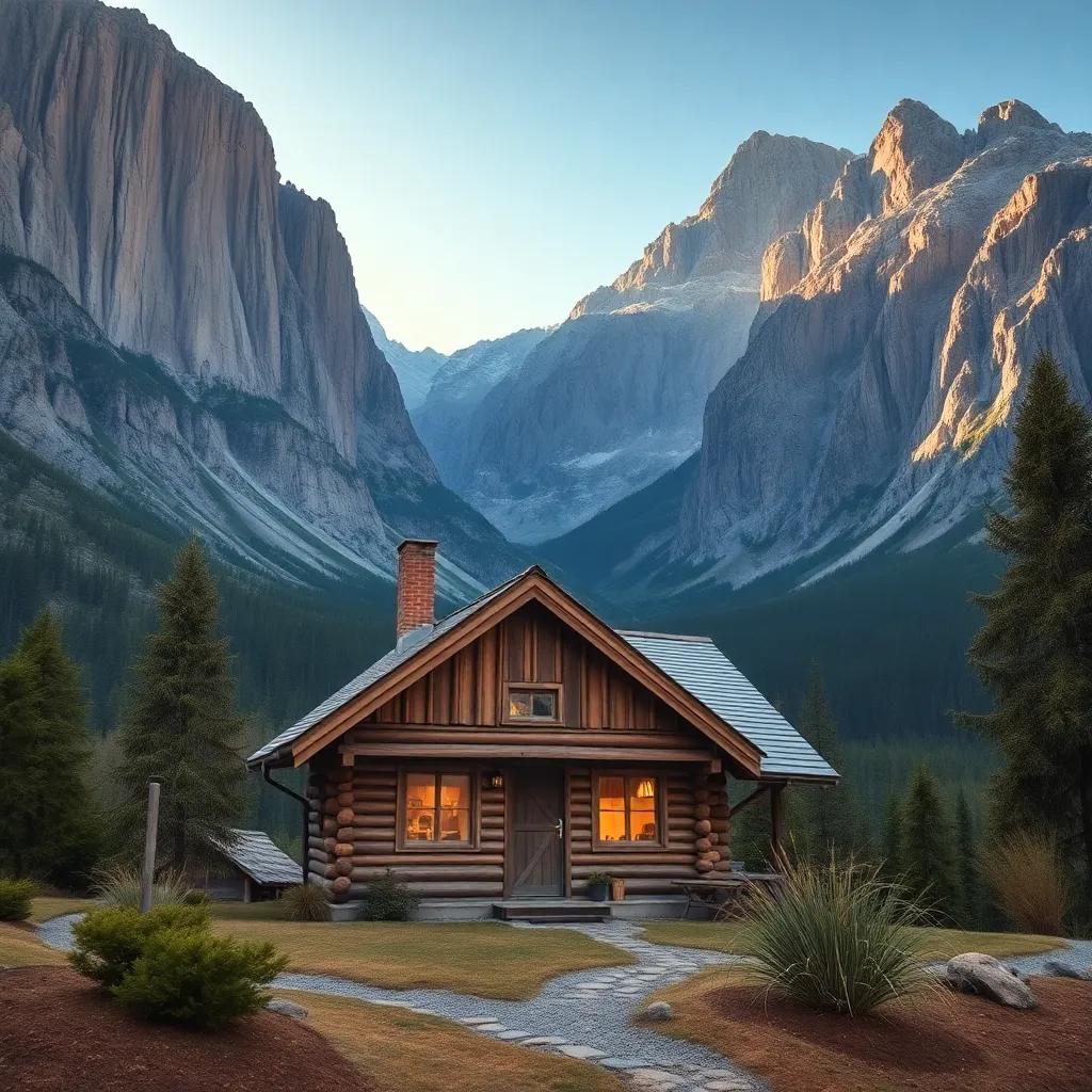A small wooden cottage at the foot of large mountains, with a cozy atmosphere, morning light, detailed, warm colors, inviting and peaceful scenery, high quality