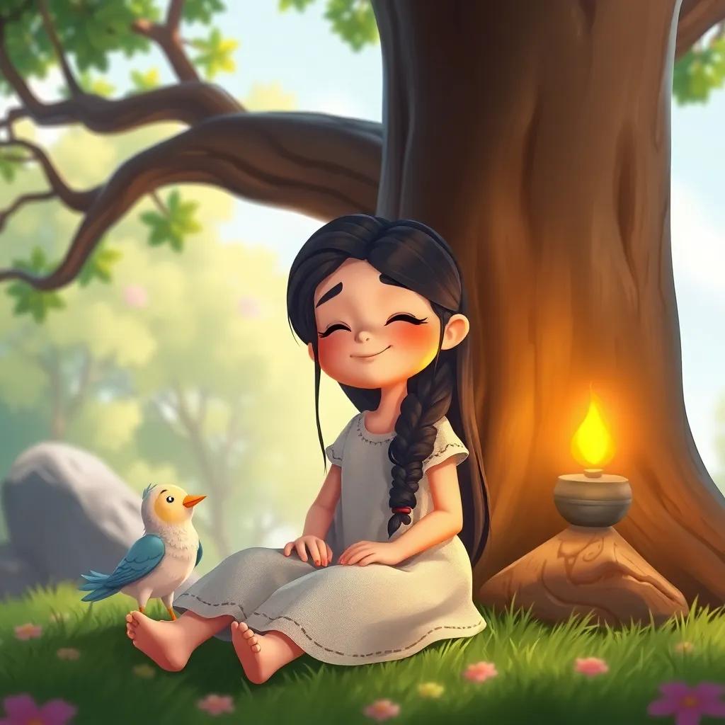 A brave girl, Sundus, with long dark hair, wearing a simple dress, sitting under a large tree with her eyes closed, next to her a small bird with a magical lamp, bright and cheerful, vibrant colors, fantasy, whimsical style, child-friendly