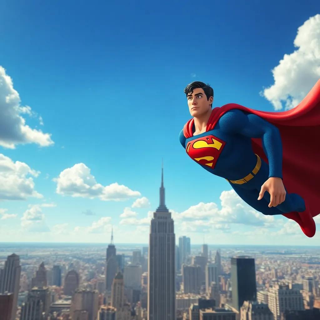 A superhero, Superman, flying high above the city of Metropolis, looking concerned, with a bright blue sky and fluffy white clouds, digital art, vibrant colors, heroic atmosphere, dynamic perspective, high quality
