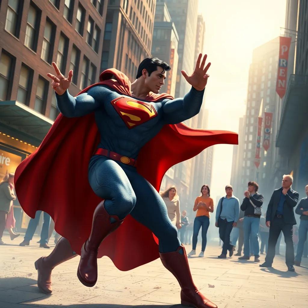 A fierce showdown between Superman and a villain named Amout Man in a bustling city square, with people watching in awe, dramatic lighting, action-packed scene, comic book style, engaging visuals, high quality