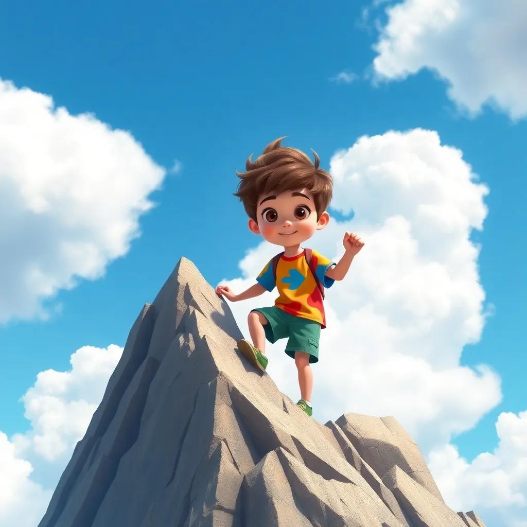 A boy, سيركويس, with brown hair wearing a colorful t-shirt and shorts, climbing a tall mountain with determination, surrounded by fluffy white clouds, digital art, bright colors, uplifting atmosphere, high quality