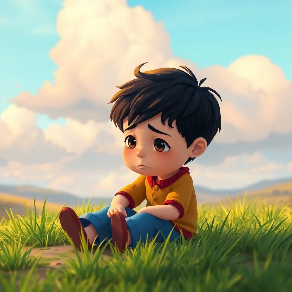 A boy, سيركويس, sitting on the ground looking sad, with green grass around him and a cloudy sky above, colorful landscape, warm and inviting, storytelling view, high quality