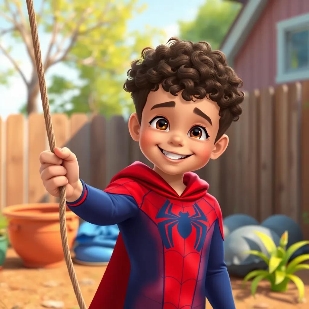 A cheerful 3-year-old boy, Seif, with curly hair, wearing a red Spider-Man costume in his backyard, holding a rope like a spider web, playful atmosphere, illustration, vibrant colors, fun and adventurous scene, high quality