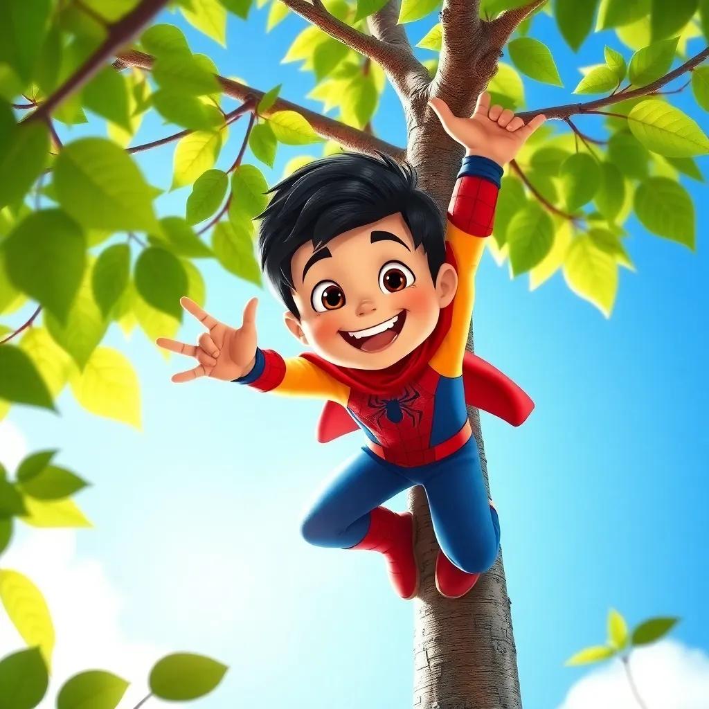 A brave 3-year-old boy, Seif, dressed as Spider-Man, climbing a tree with a big smile, imagining he can fly, surrounded by green leaves and bright blue sky, joyful, fantasy illustration, colorful, engaging perspective, high quality