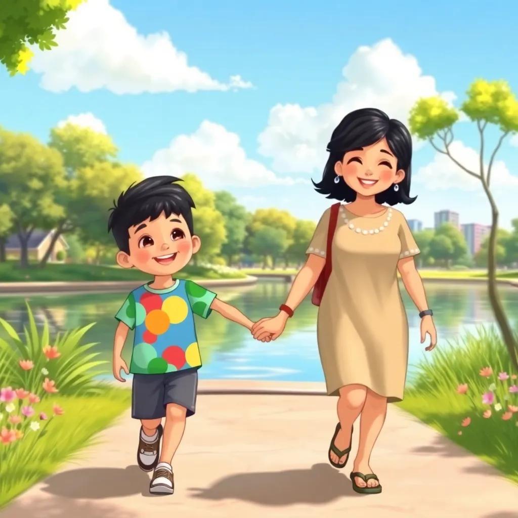A young boy, سینو, with short black hair, wearing a colorful t-shirt and shorts, walking hand in hand with his mother in a sunny park by the river, smiling faces, cheerful atmosphere, digital art, bright colors, inviting light, high quality