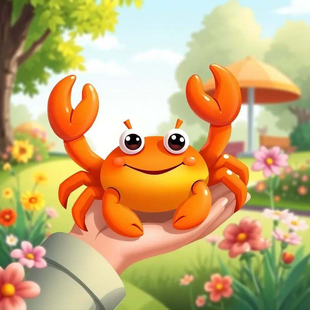A bright orange rubber crab with big eyes, sitting in a child's hand, surrounded by flowers and greenery in a sunny park, playful and cheerful, digital illustration, vibrant colors, child-friendly, high quality