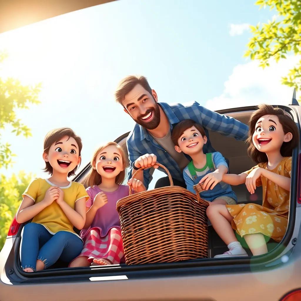 A cheerful family preparing for a picnic in bright sunny weather, the father loading a basket in the car, colorful clothes, excited expressions, digital art, warm sunlight, vibrant colors, inviting atmosphere, high quality