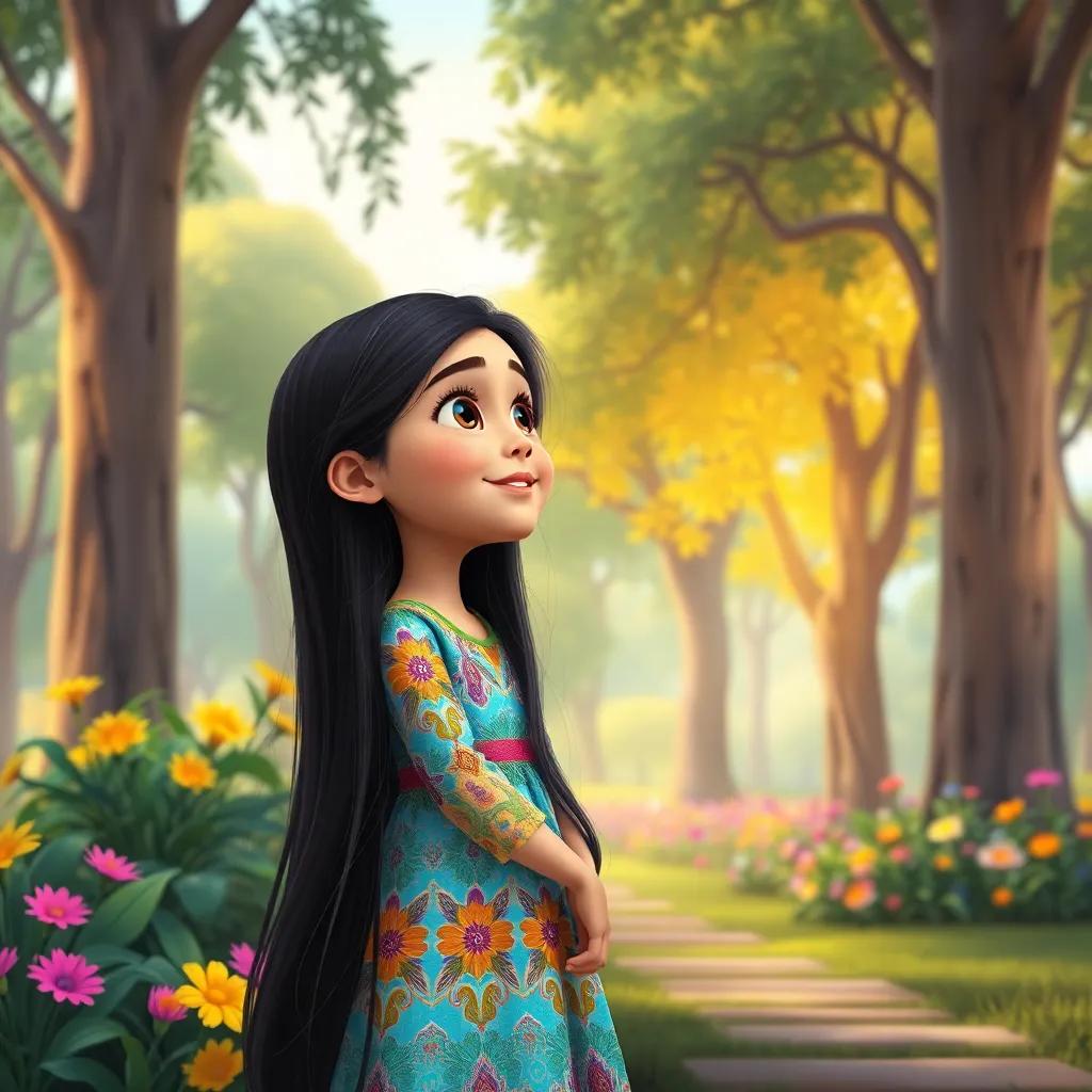 Shuma, a young Arab girl with long, dark hair wearing a colorful dress, looking amazed at the tall trees and bright flowers in the park, digital illustration, lively colors, magical scenery, high quality