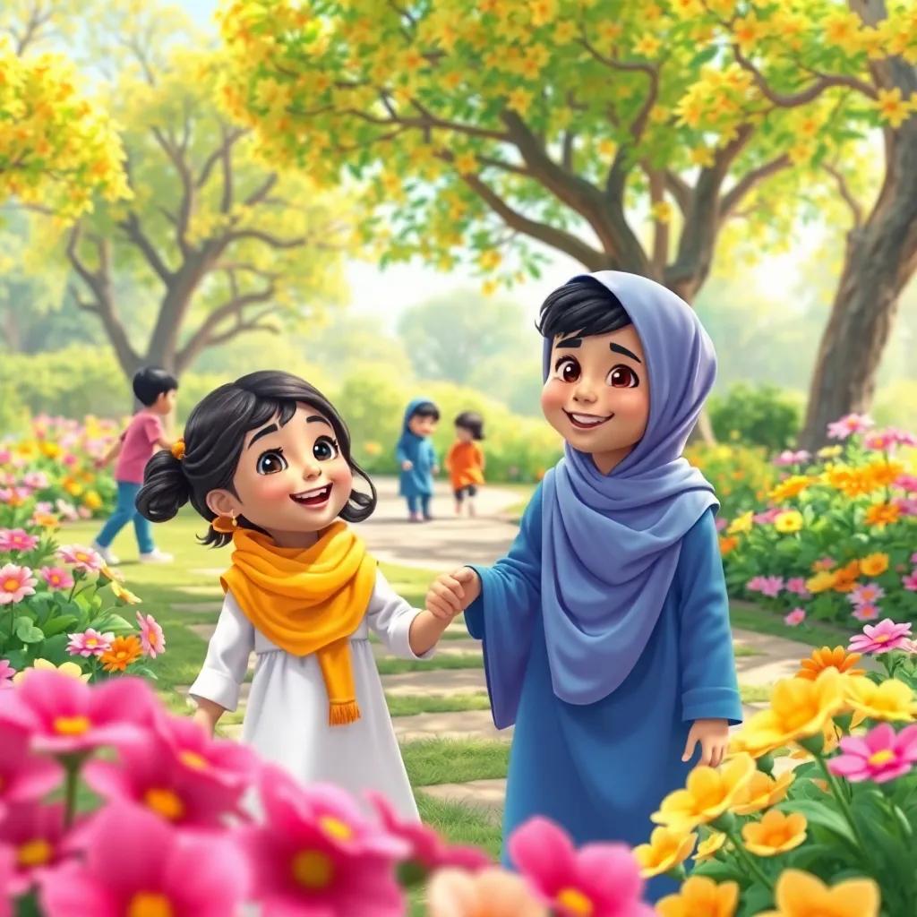 A beautiful park with children playing, vibrant flowers blooming everywhere, and Shuma holding her brother Muhammad's hand, smiling with excitement, digital art, child-friendly style, bright colors, high quality
