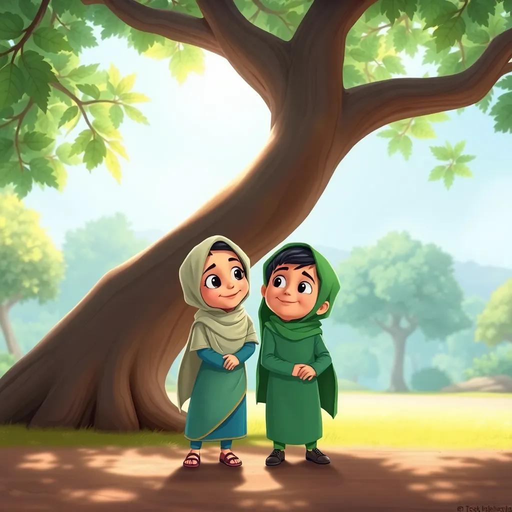 Shuma, with her brother Muhammad, whispering together under a big tree, looking mischievous and excited about exploring the park, bright colors, playful light, friendly atmosphere, digital illustration, high quality